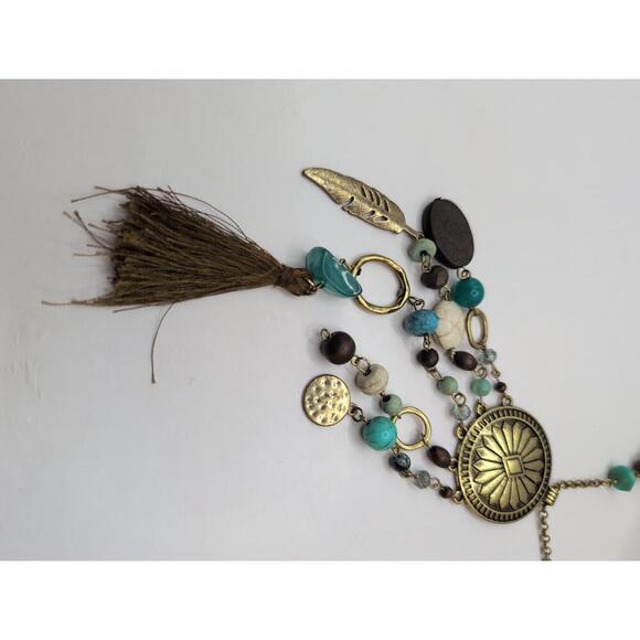 Vintage 1946 Turquoise Fringe Tassel Fabric Charm Beaded Necklace - Picture 3 of 5